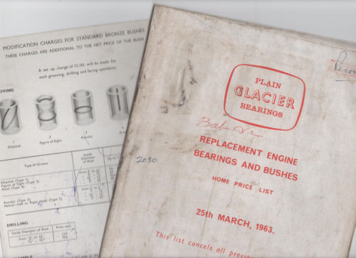 VINTAGE PLAIN GLACIER BEARINGS PRICE LIST - GLACIER METAL COMPANY 1963